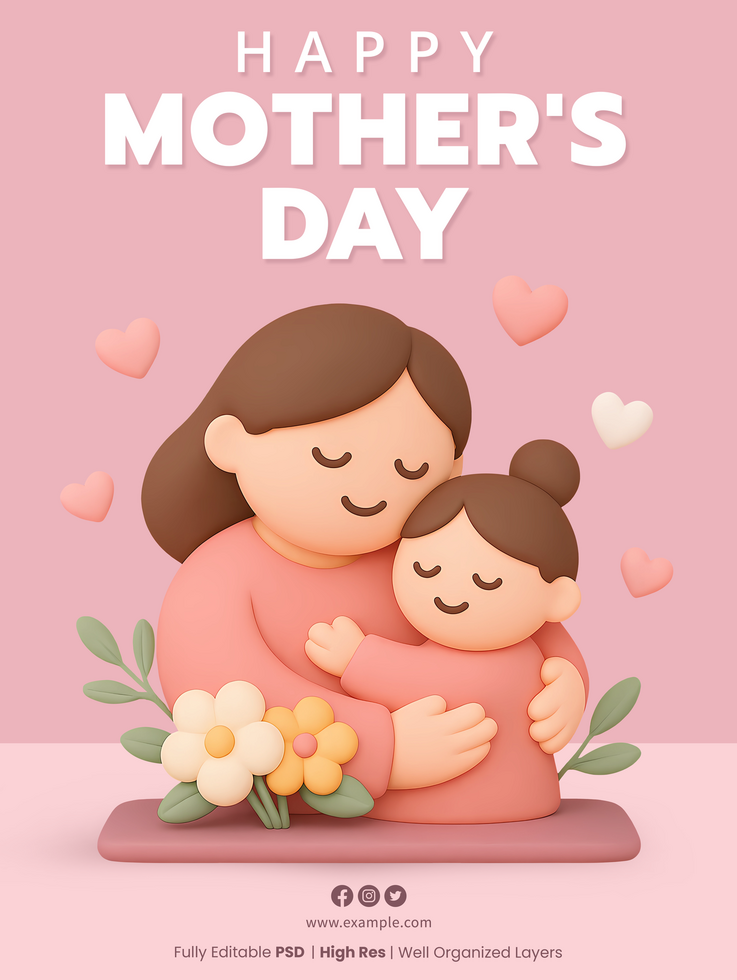 Happy Mothers Day poster template with 3d mother hugging her daughter cartoon characters surrounded by flowers and hearts psd