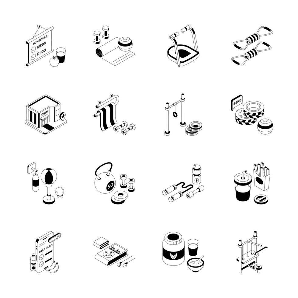 Get this handy set of gym and fitness isometric outline icons vector