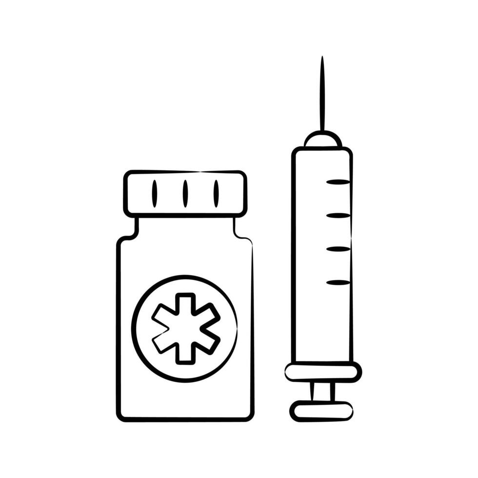Get this handy hand drawn icon denoting vaccine vial and syringe vector