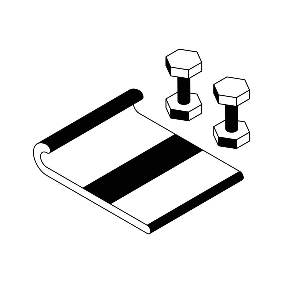 Have a look at this amazing isometric icon of workout mat with dumbbells. vector
