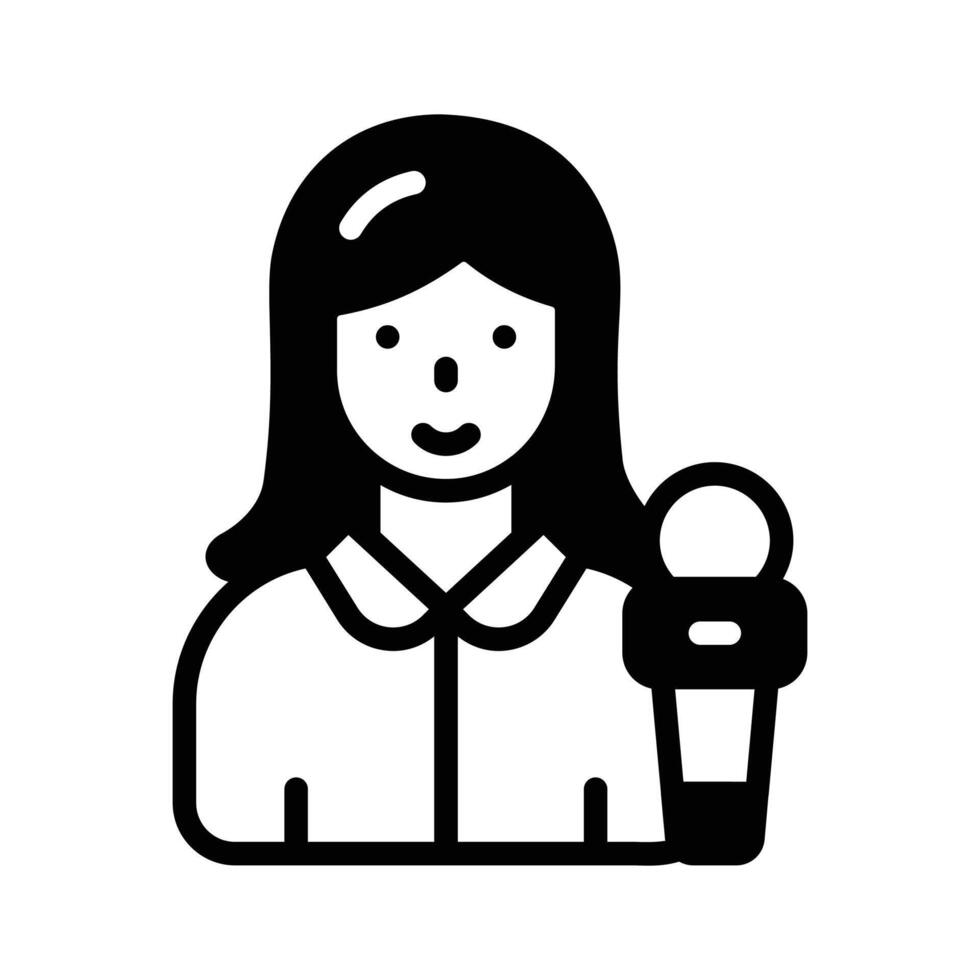 Grab this trendy glyph icon of female reporter with news mic. vector