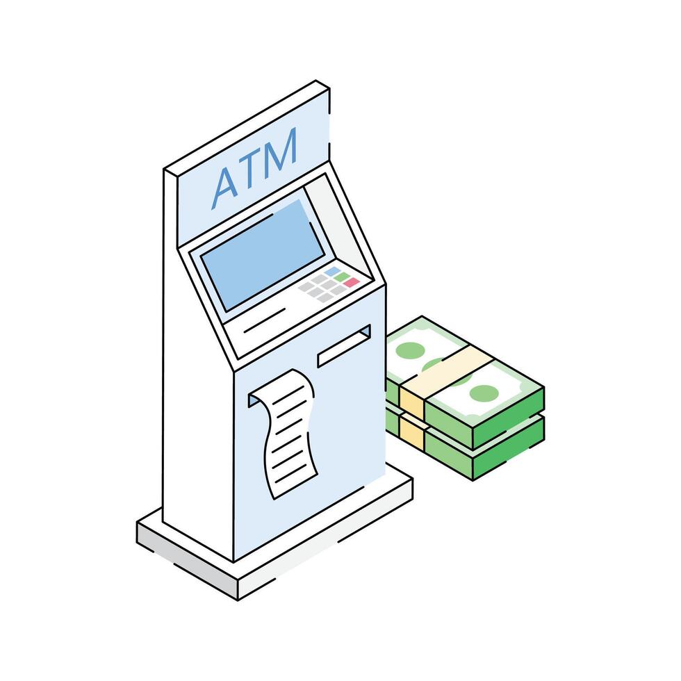 Premium isometric outline icon showing bank machine vector