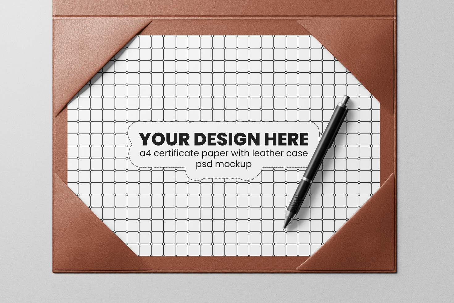 luxury elegant modern a4 landscape corporate certificate paper with leather cover holder case realistic document mockup with signature pen psd