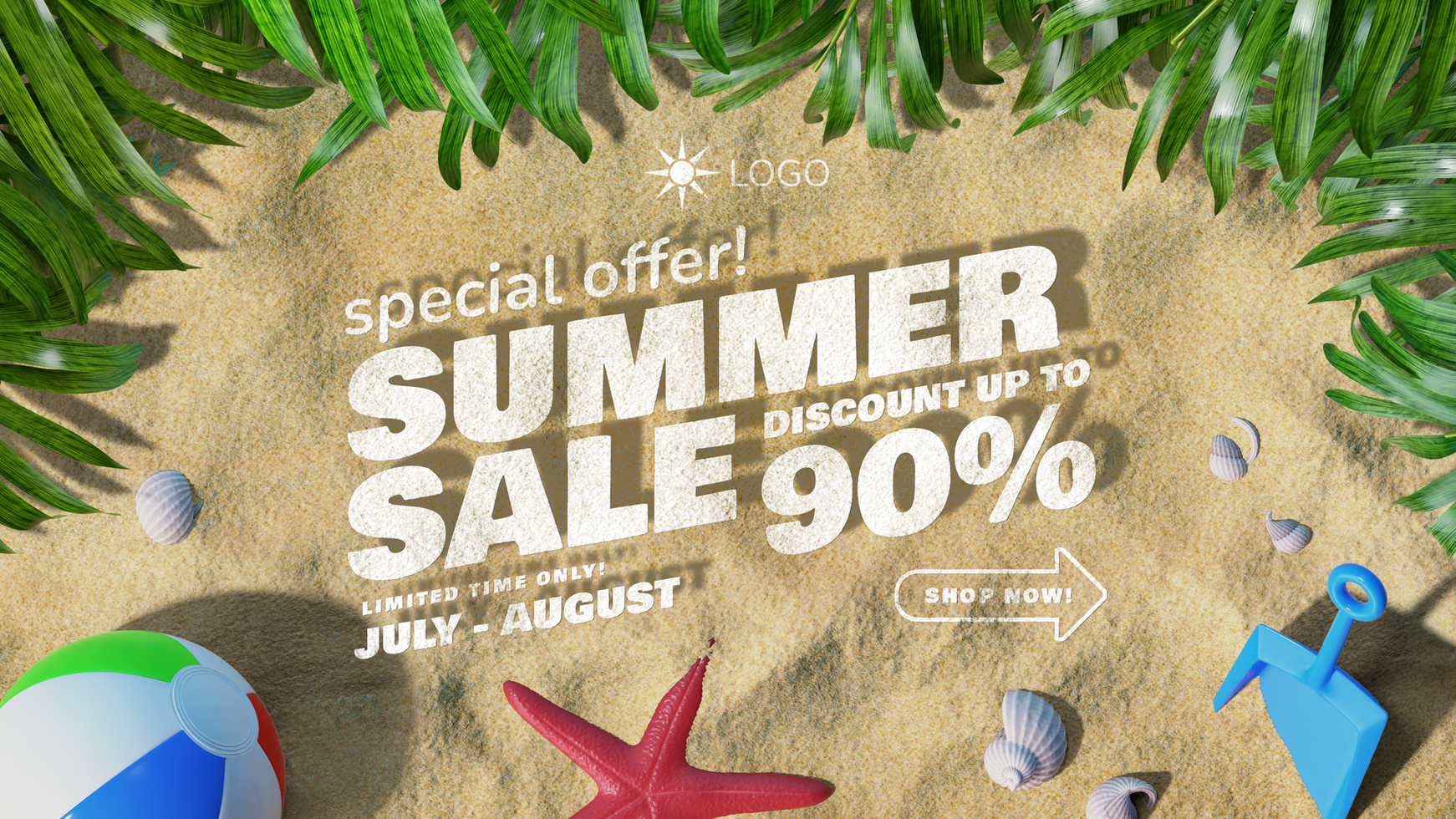 summer sale offer web banner page editable design template with beach 3d elements psd