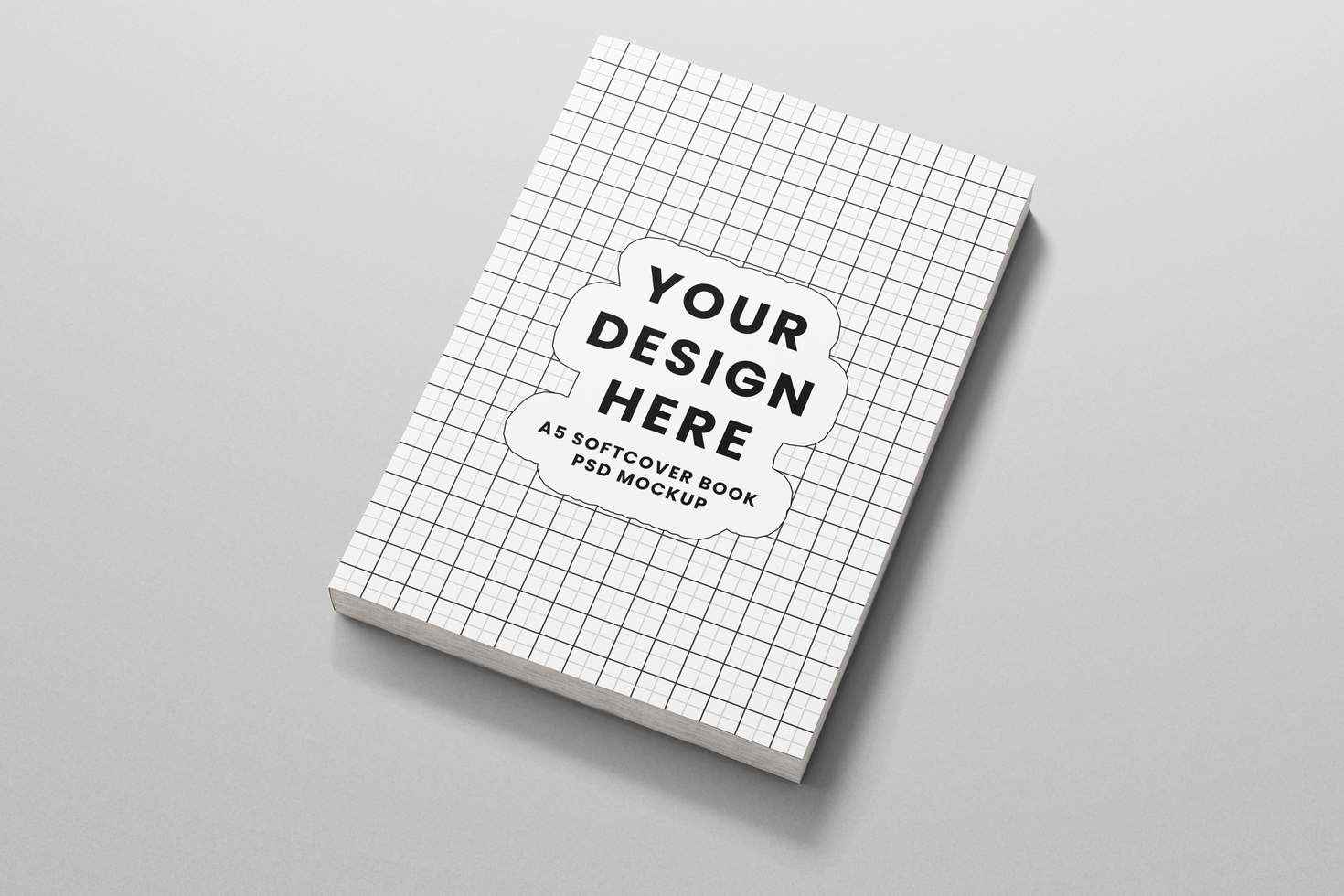 softcover paperback vertical a5 book realistic mockup template in resting position top view psd