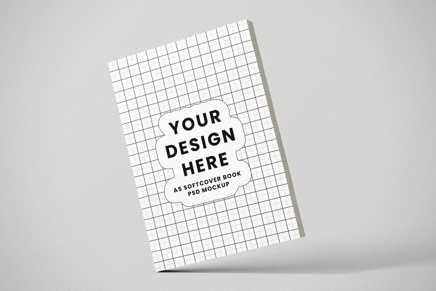 softcover paperback vertical a5 book realistic mockup template in left leaning view psd