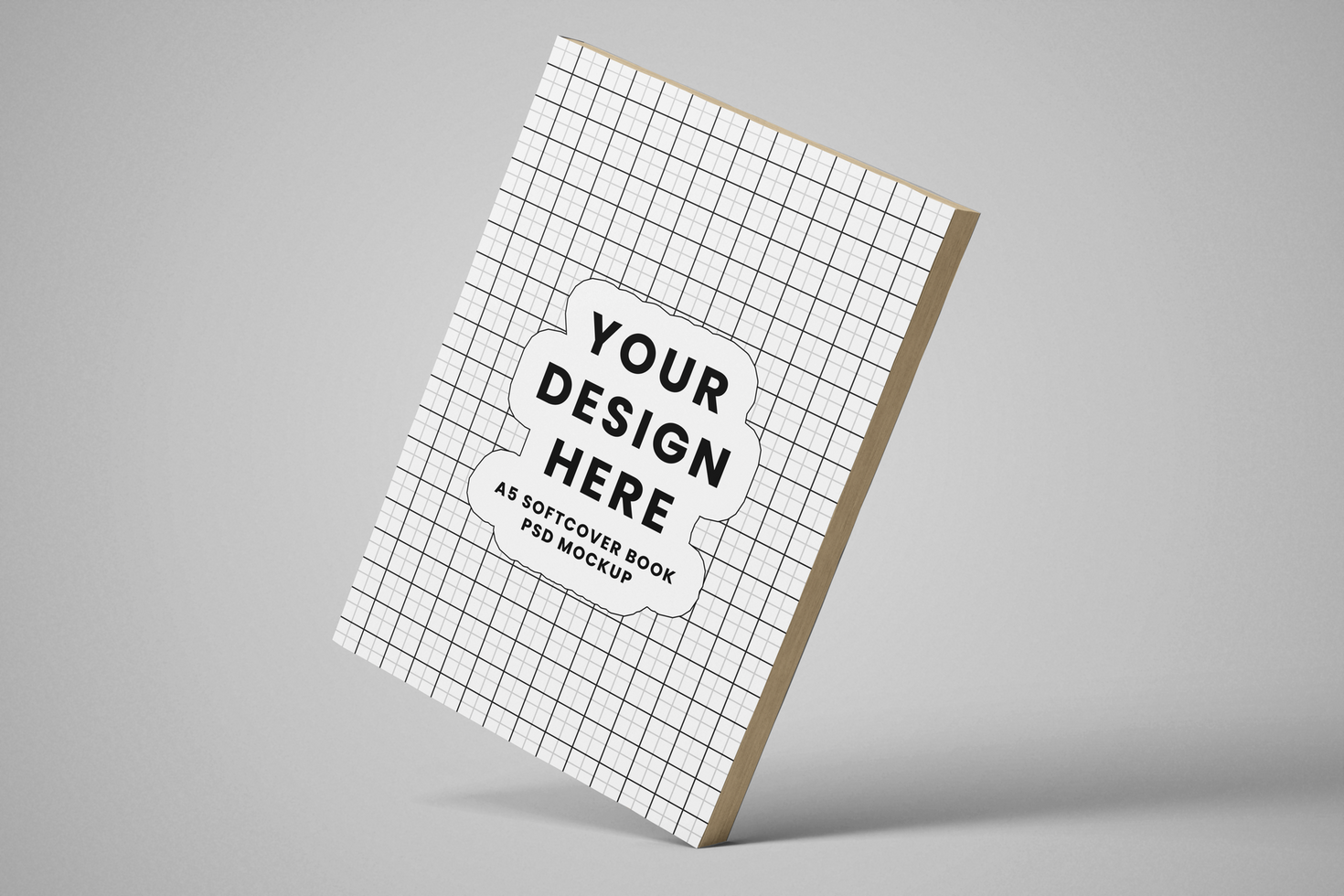 softcover paperback vertical a5 book realistic mockup template in leaning view psd