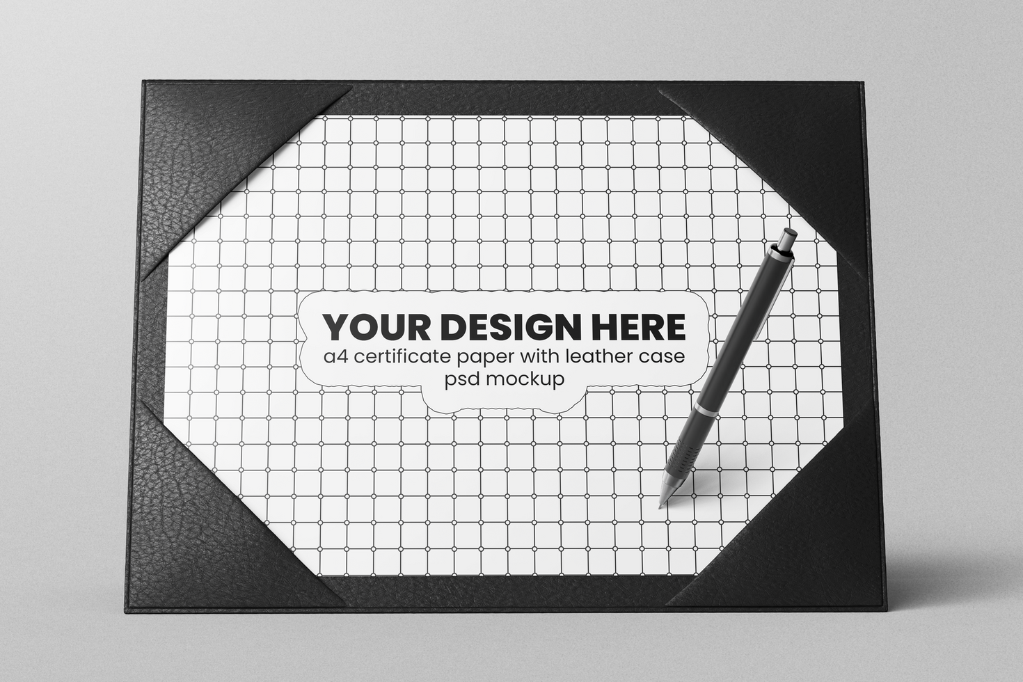 luxury a4 landscape academic or corporate certificate a4 paper with leather cover holder case realistic mockup with signature pen psd