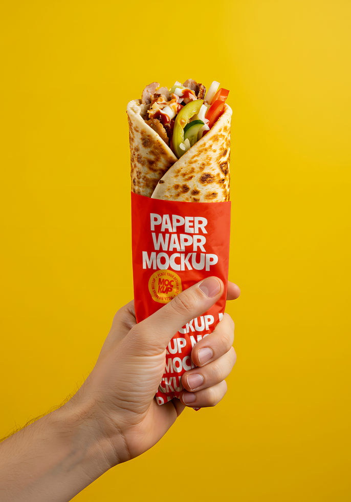 A delicious wrap package mockup held by a hand psd
