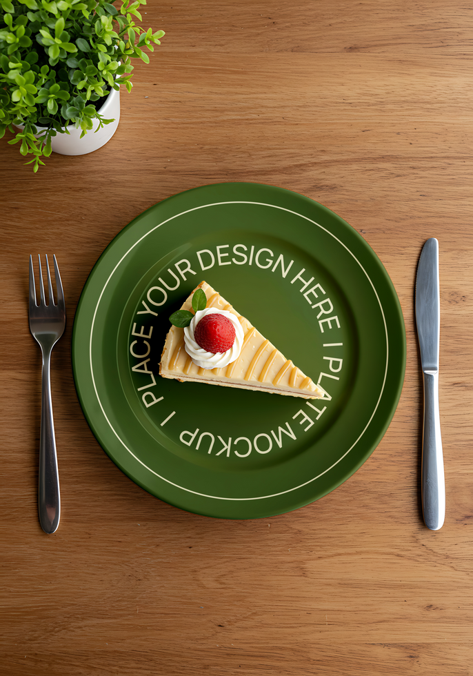 Cake Slice on Green Plate mockup with Table Setting psd
