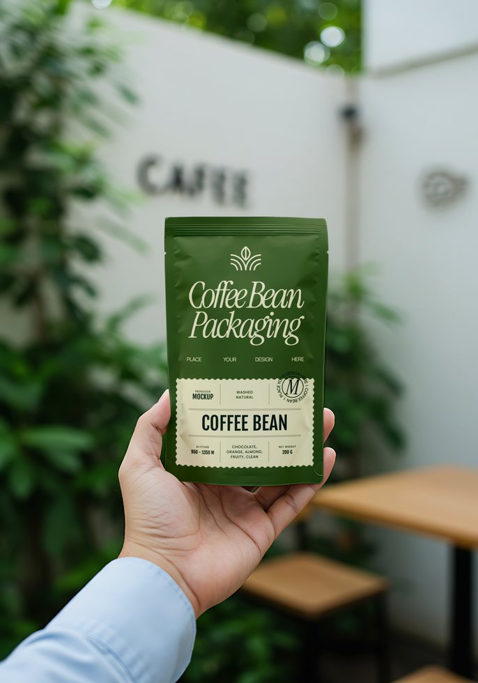 Coffee Bean Packaging mockup Held Up for Display psd