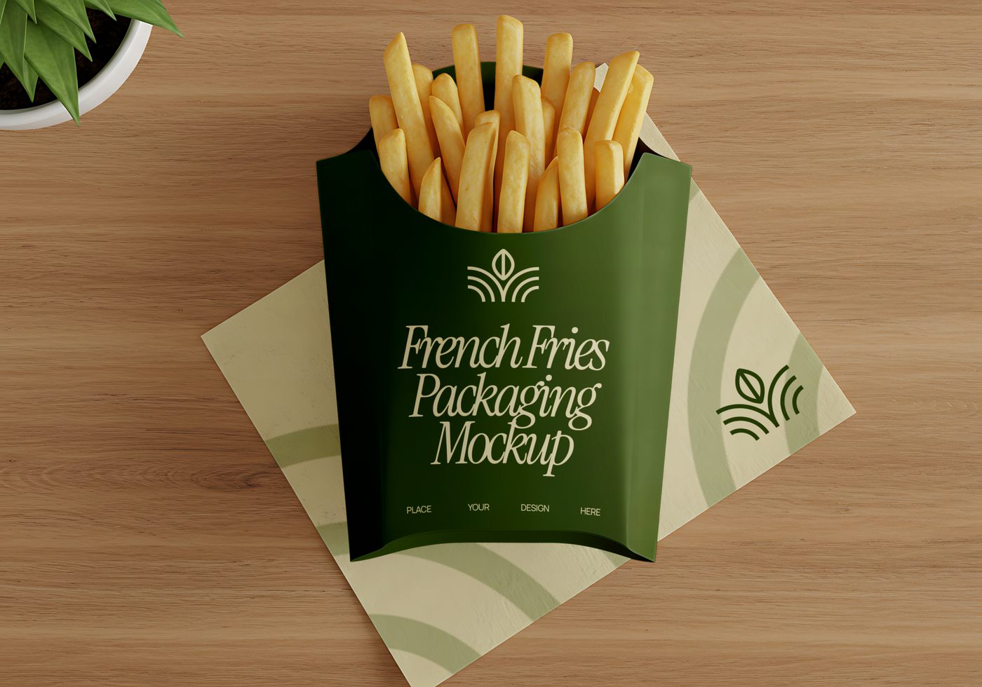 French Fries Packaging Mockup on Wooden Table psd