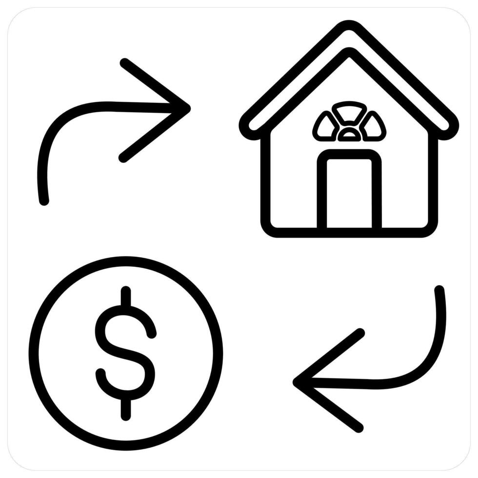 Home Loan and money icon concept in black line color vector