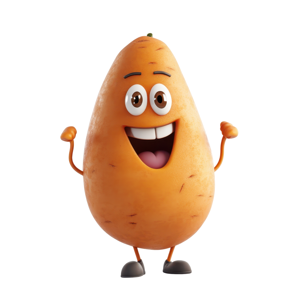Friendly cartoon character resembling a potato with a bright smile, engaging pose, and lively expression png