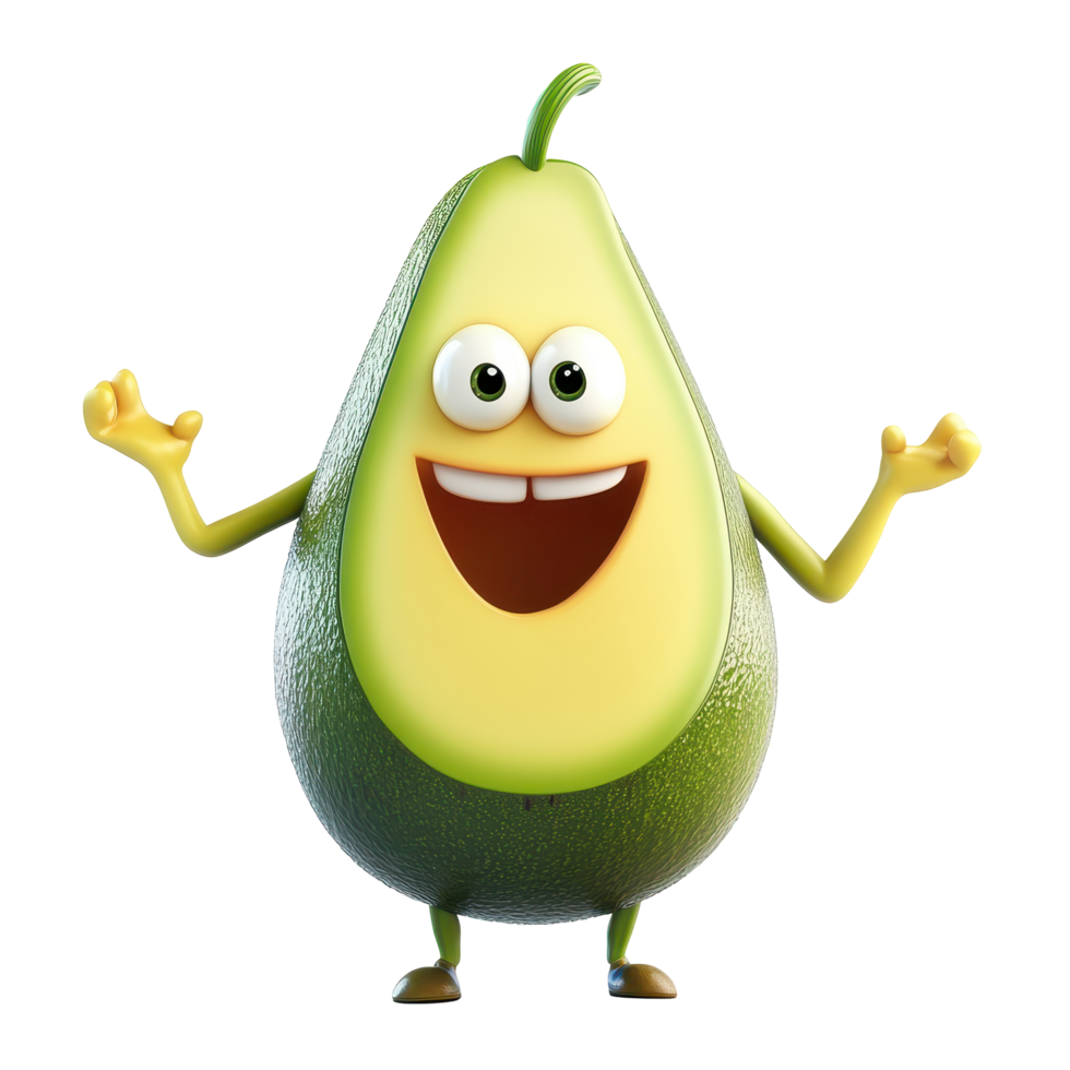 Happy avocado character with a cheerful expression and cartoonish design standing in a playful pose png