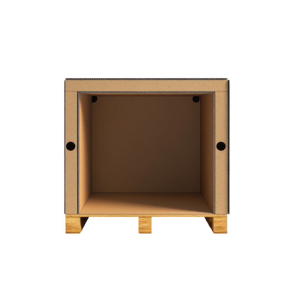 Cardboard storage box with wooden pallet base suitable for various organizational needs in home or office png