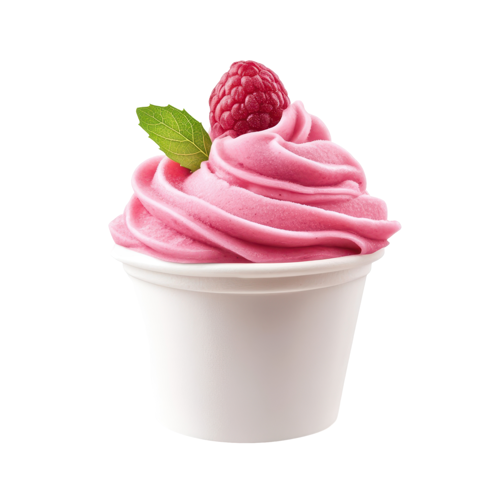 Delicious raspberry soft serve dessert in a cup with fresh raspberry and mint leaf on top png