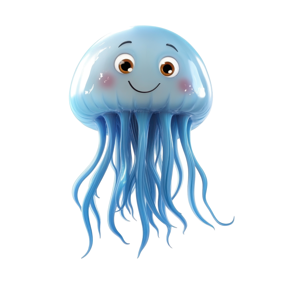 Cute cartoon jellyfish character with a smiling face and flowing tentacles looking cheerful and welcoming underwater png