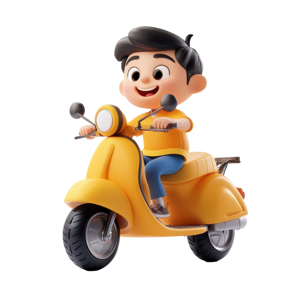 Young boy joyfully riding a yellow scooter in a playful and cheerful animation style png