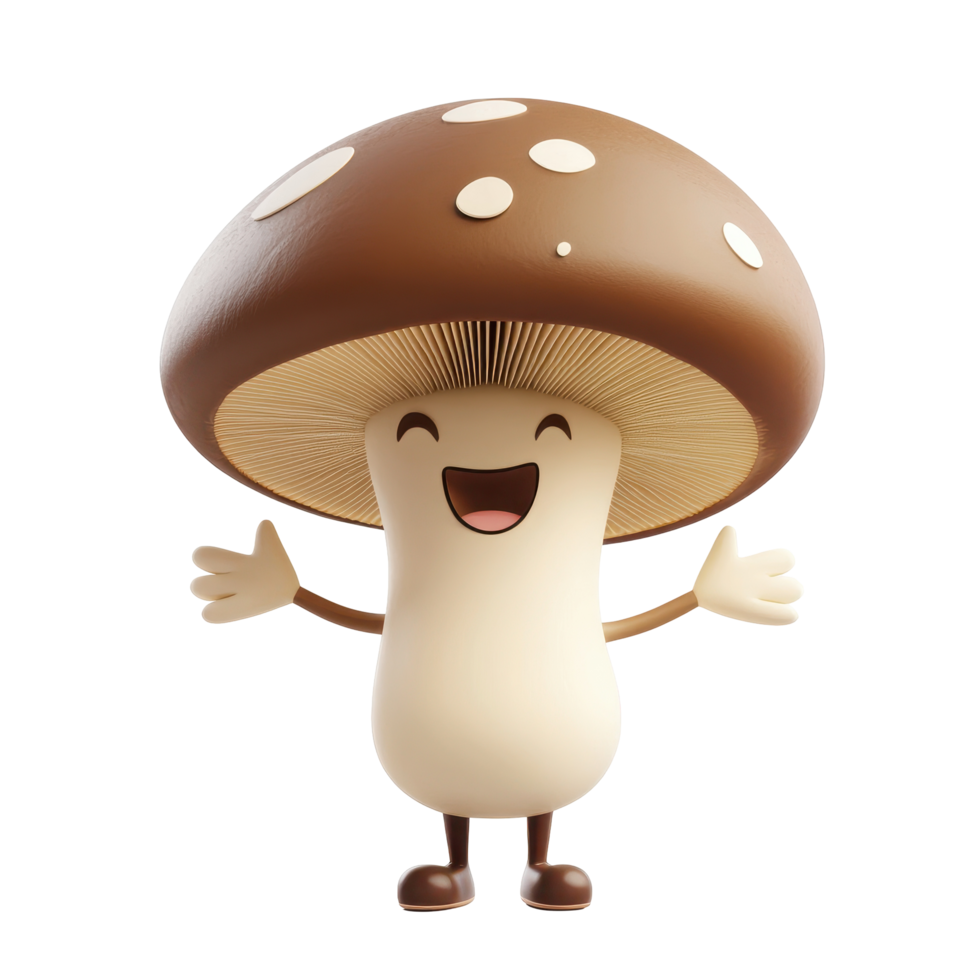 Happy cartoon mushroom character standing with arms wide open in a playful, friendly manner png