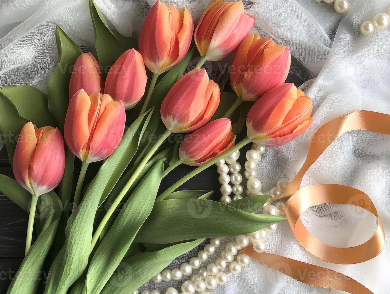 A bouquet of red tulips wrapped with a ribbon and pearl beads lies on light silk photo