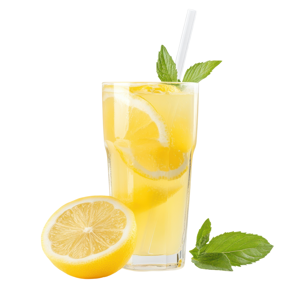 Refreshing lemonade served in a tall glass with mint leaves and lemon slices during a sunny day in summer png