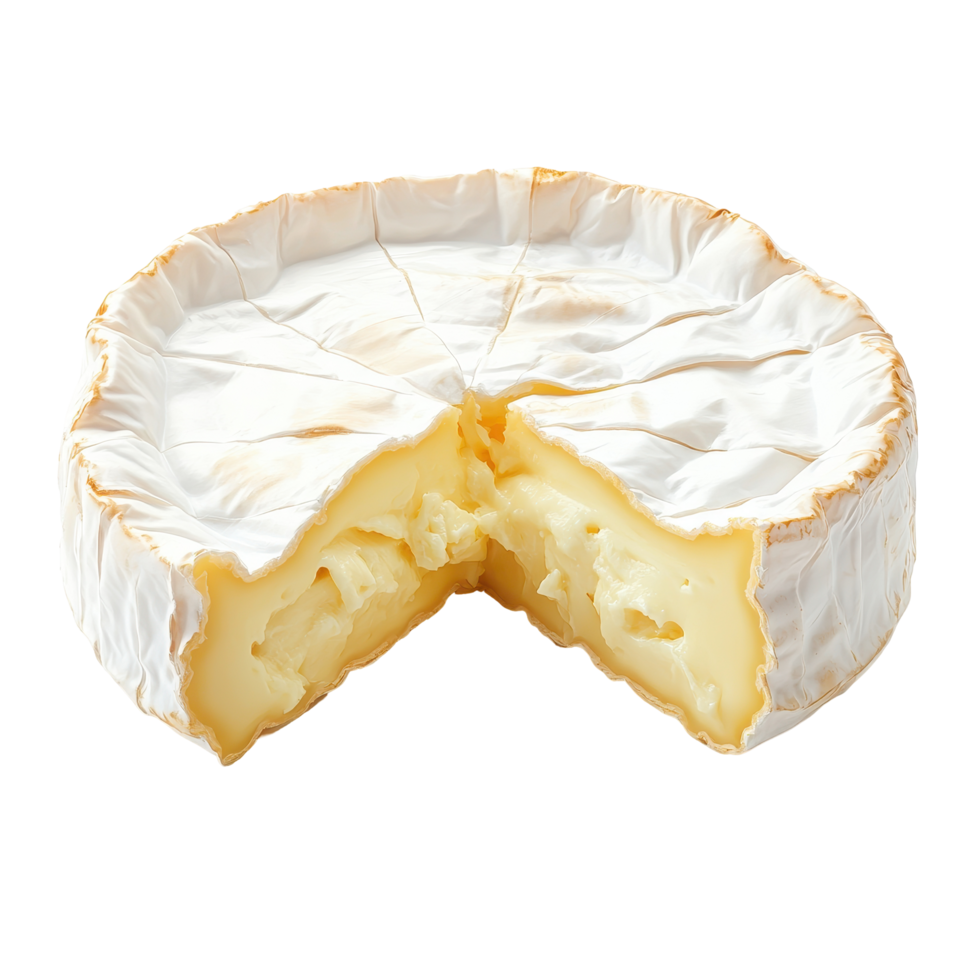 Creamy cheese wheel with a slice cut out, on a plain background for an appetizing display and culinary inspiration png