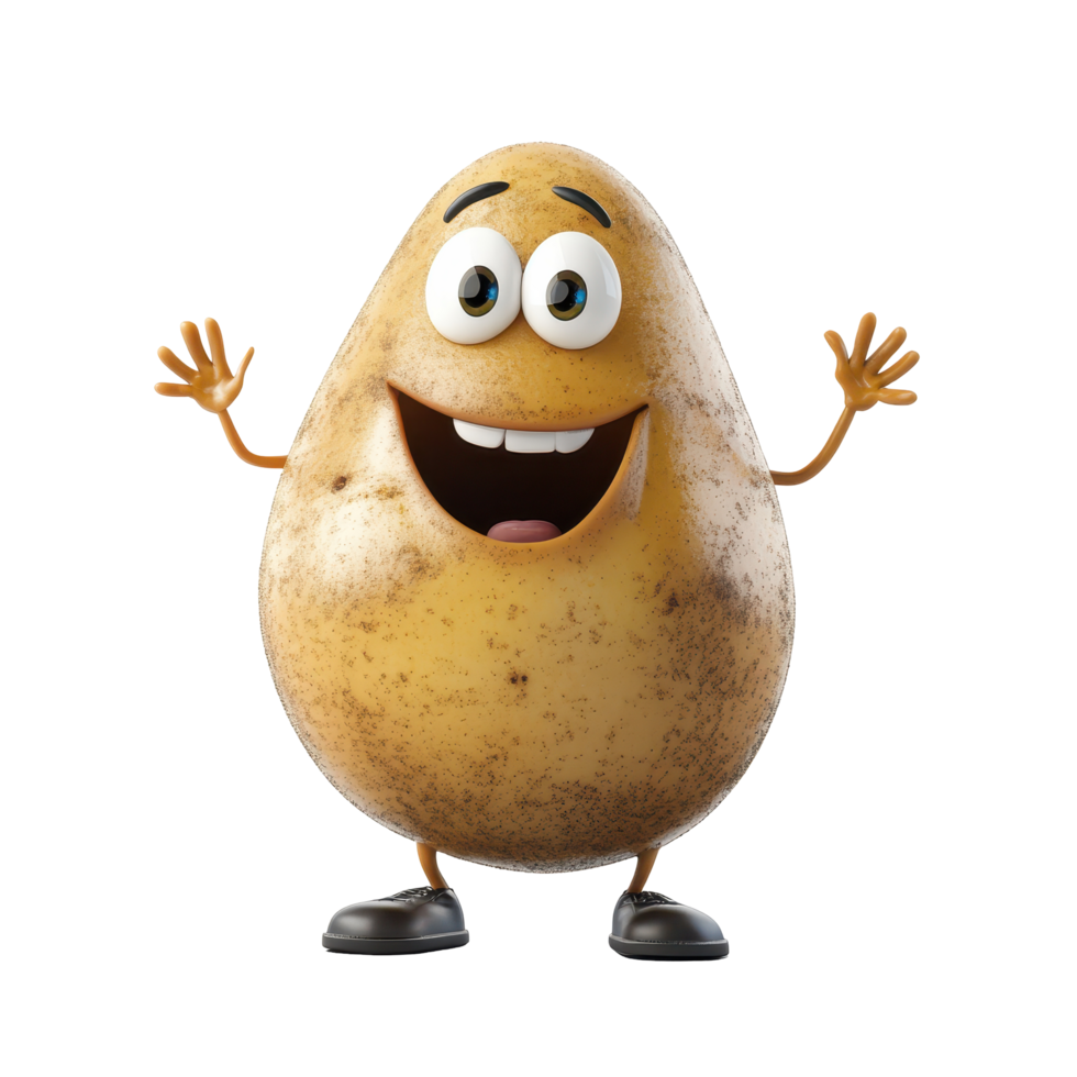 Friendly cartoon potato character smiling and waving with cheerful expression, cartoon style design png