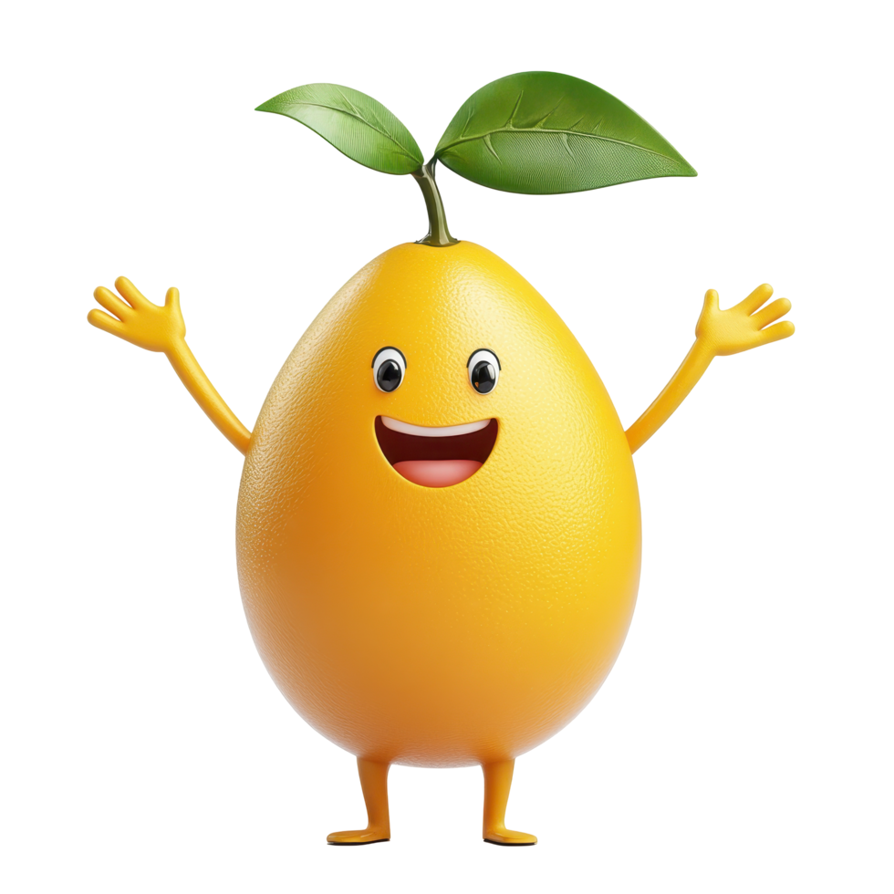 Cheerful lemon character with arms raised and a green leaf on top, showcasing a playful and friendly vibe png