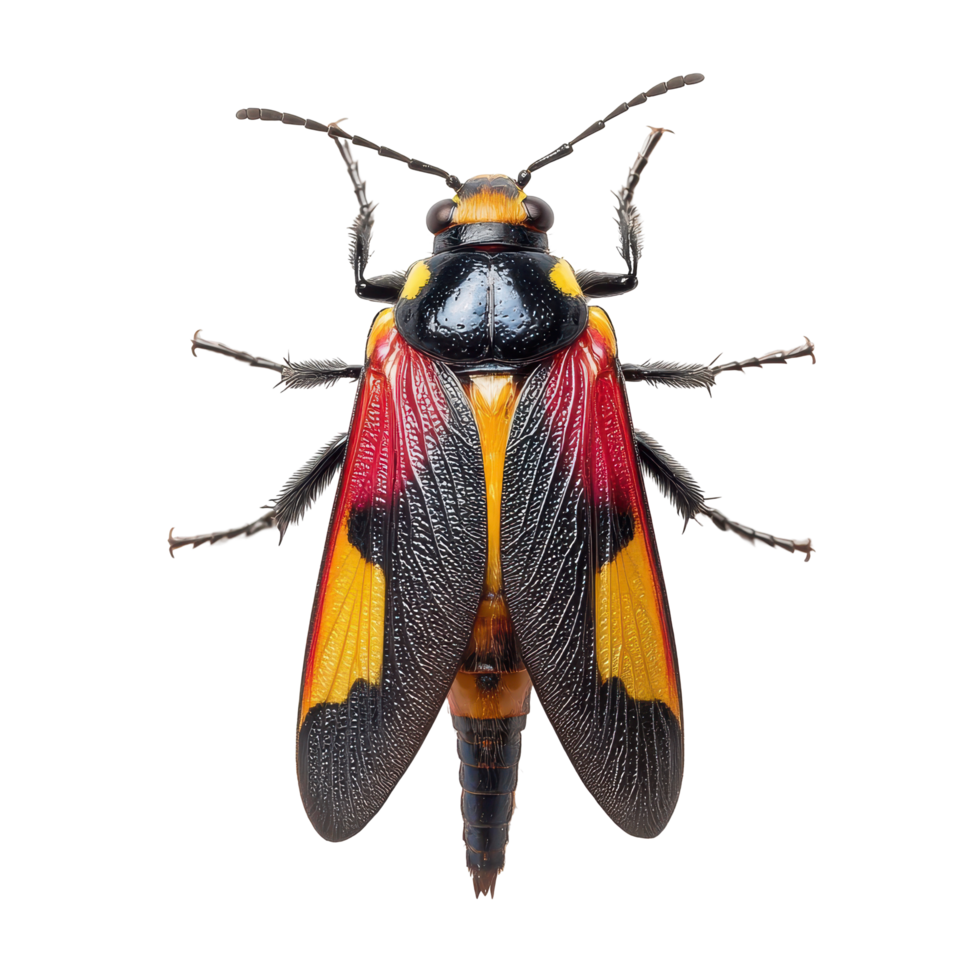 Colorful insect perched on a surface with vibrant patterns and distinct features in natural light png