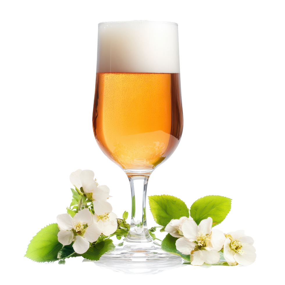 Refreshing craft beer served in a clear glass with delicate blossoms and green leaves placed elegantly around it png