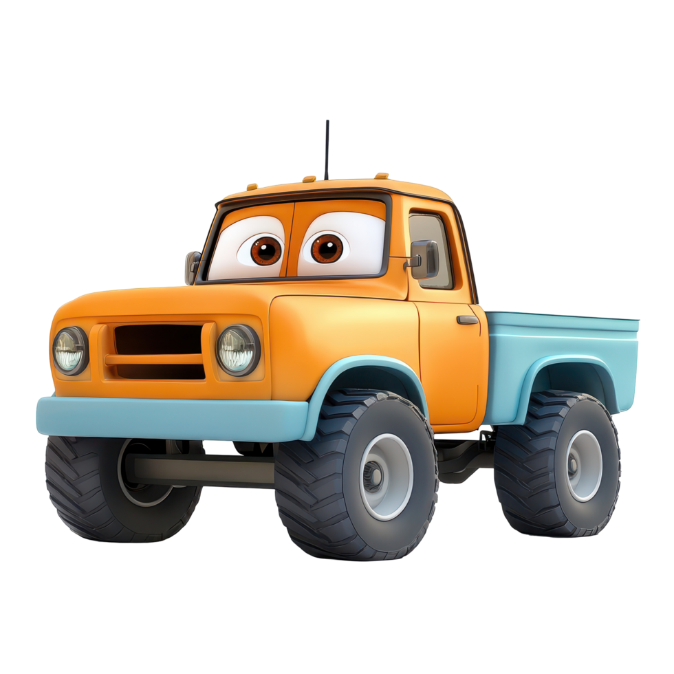 Colorful cartoon truck character with big eyes and cheerful expression in playful design setting png