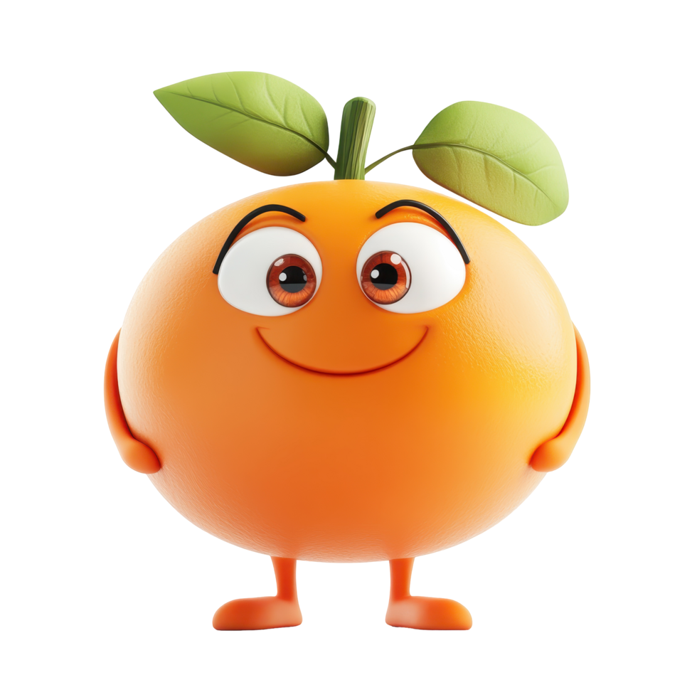 Smiling orange character with bright eyes and green leaves in a playful pose suitable for children's illustrations png