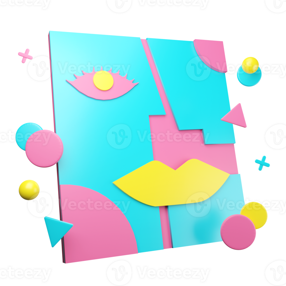 A colorful square with a face and a pink and blue background png