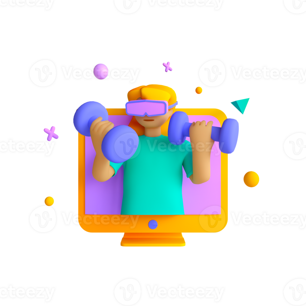 A man is holding a dumbbell in front of a computer screen png