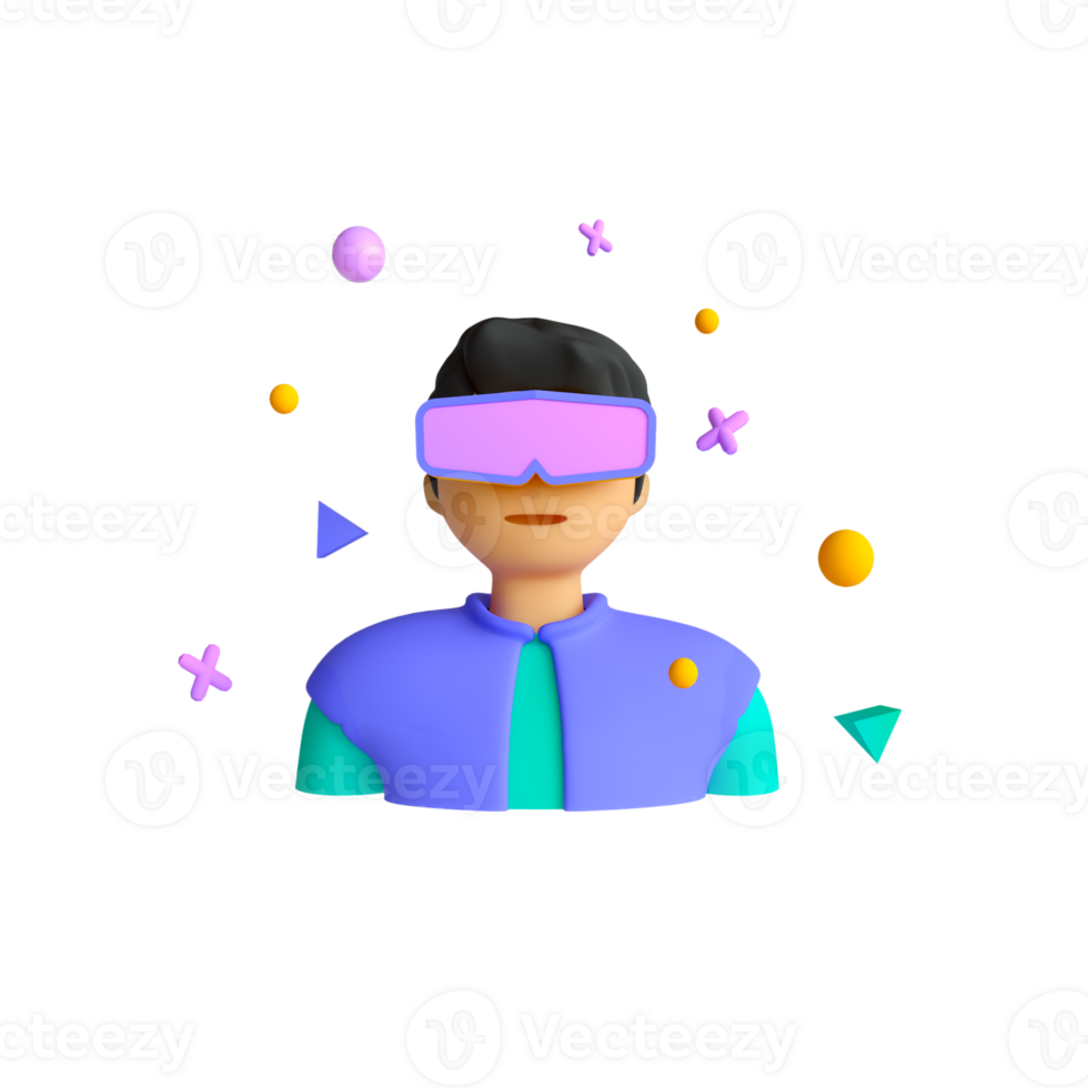 A man wearing a virtual reality headset and surrounded by colorful objects png