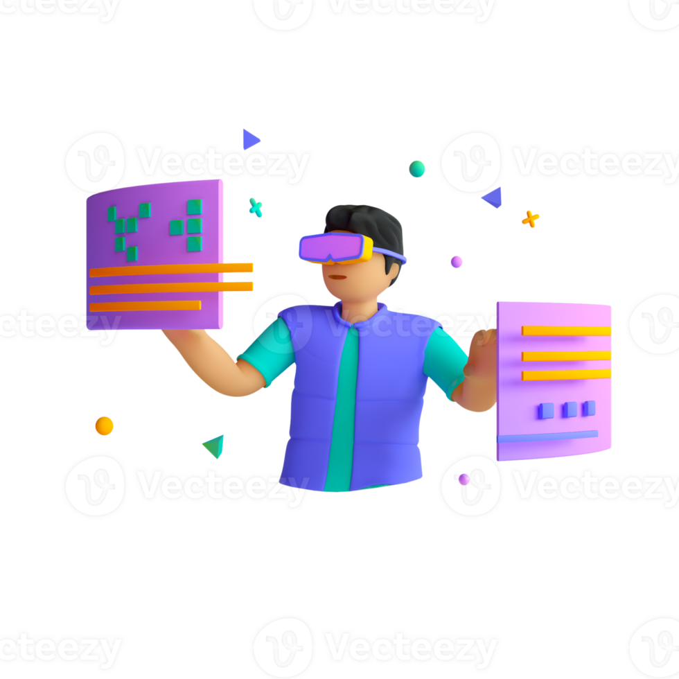 A man wearing a virtual reality headset holding a piece of paper png