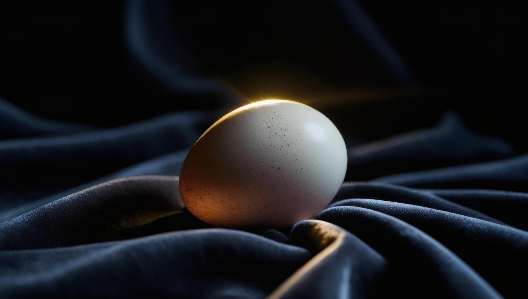 An egg on a blue cloth with a light shining on it photo