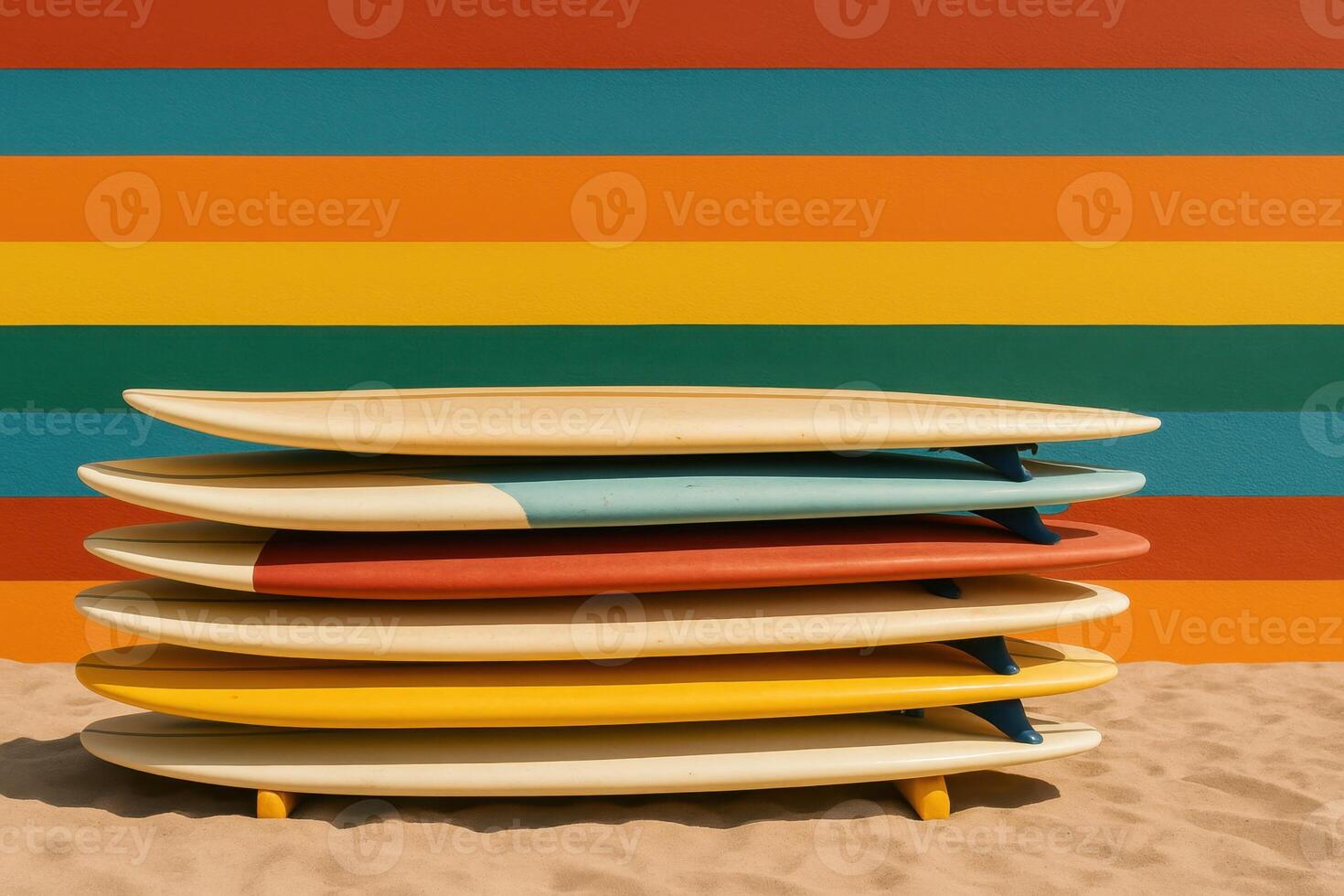 A stack of surfboards on a sandy beach in front of a co. Surf lifestyle image in vibrant beach color palette. Perfect for commercial use, outdoor visuals, brand campaigns, and adventure storytelling photo