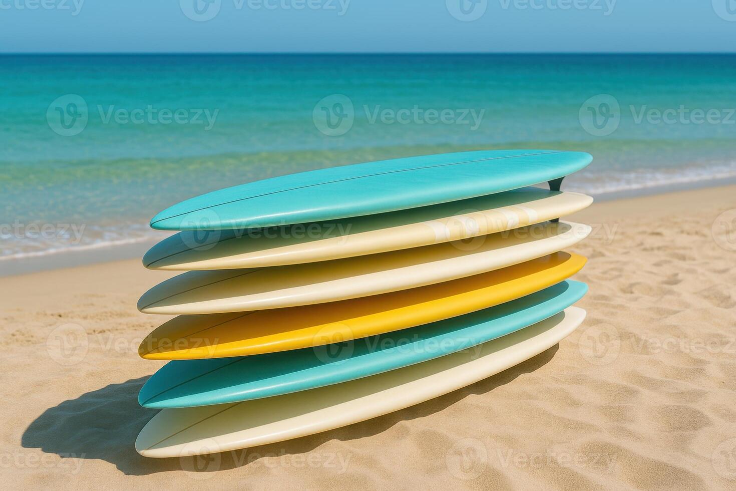 Colorful pastel surfboards stacked on golden sand near turquoise sea under blue sky. A peaceful beach scene great for surf culture visuals, summer travel ads, and modern lifestyle designs photo