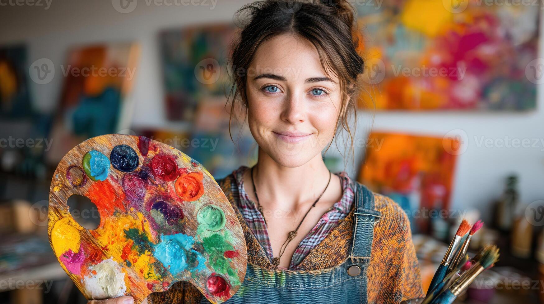 A smiling female artist holds a colorful paint palette and brushes in her hands while standing in a vivid art studio. Perfect for themes of creativity, inspiration, and artistic lifestyle photo