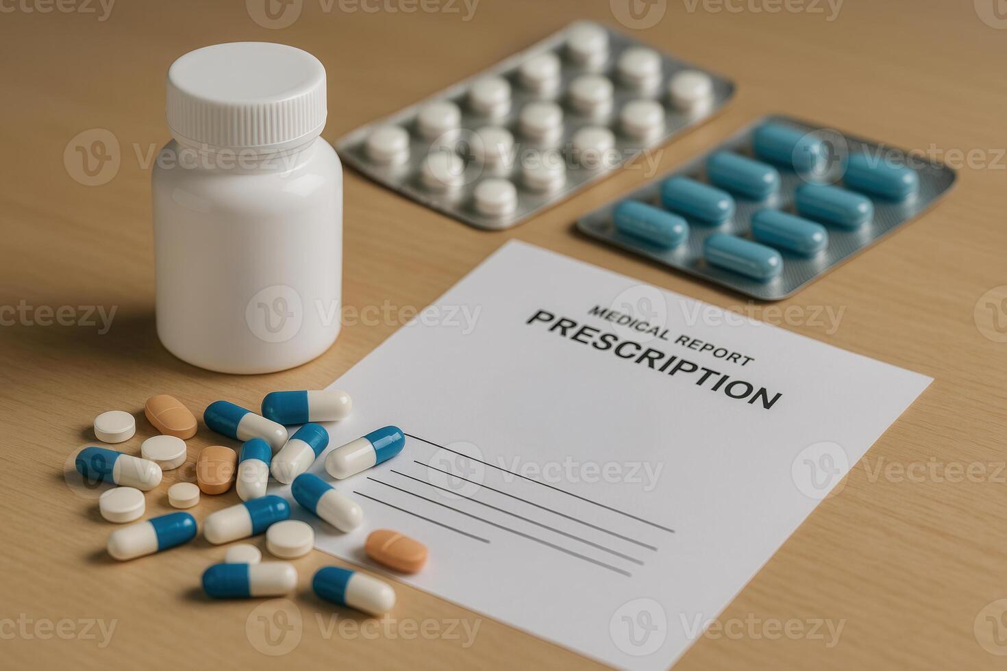 Colorful capsules and tablets spilled beside a prescription form and white bottle on a wooden surface. Perfect for pharmaceutical ads, clinical themes, or medical content creation. photo