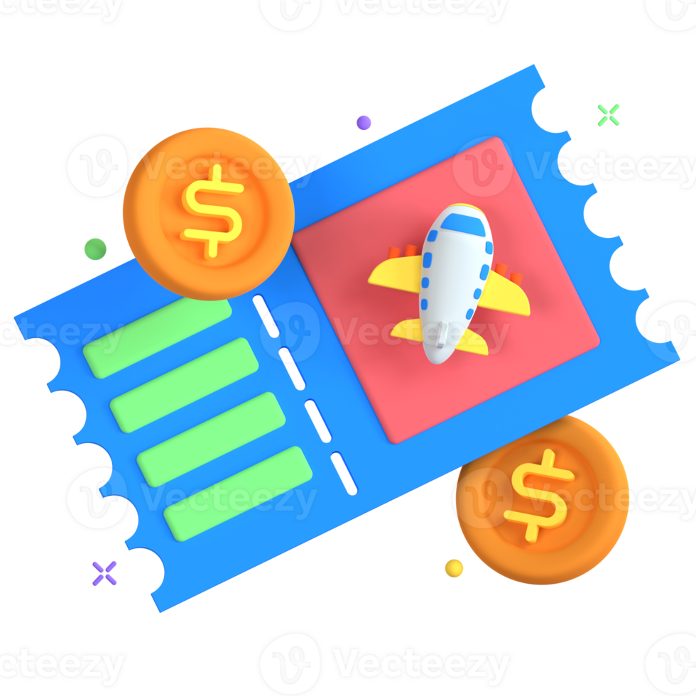 A ticket with a plane and dollar coins png