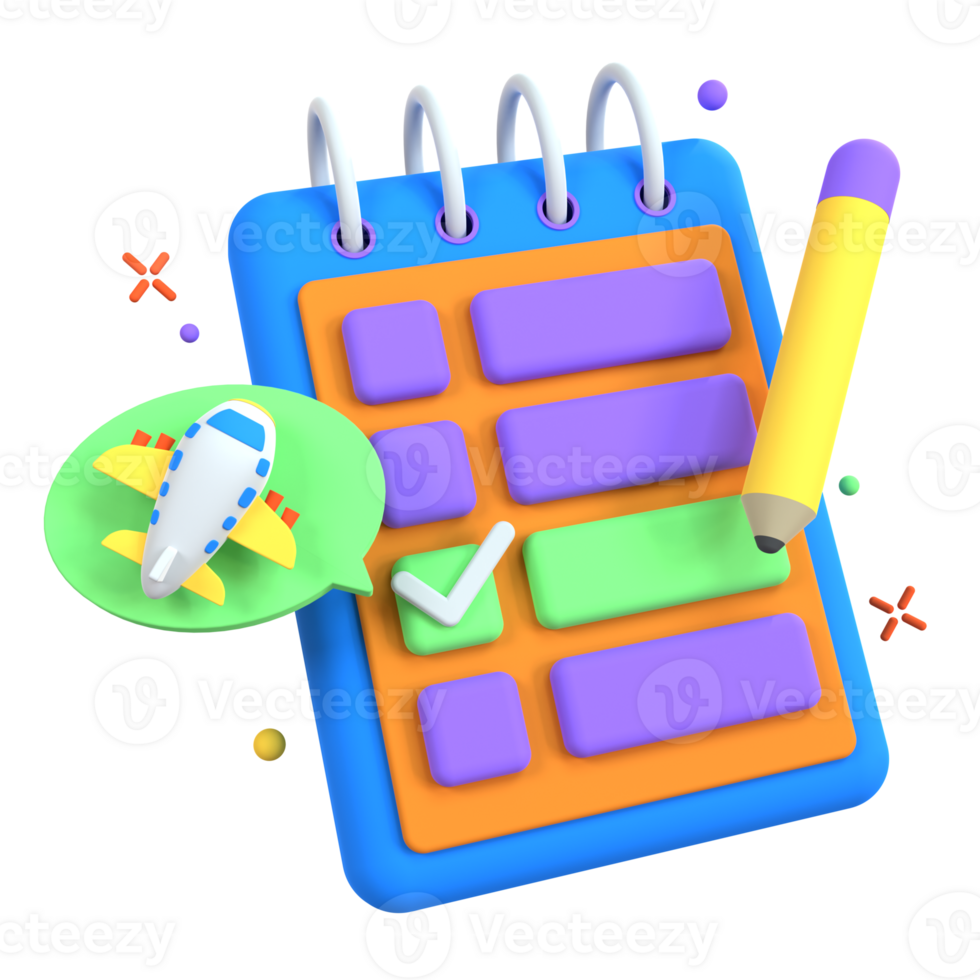 A colorful notebook with a pencil and a plane png