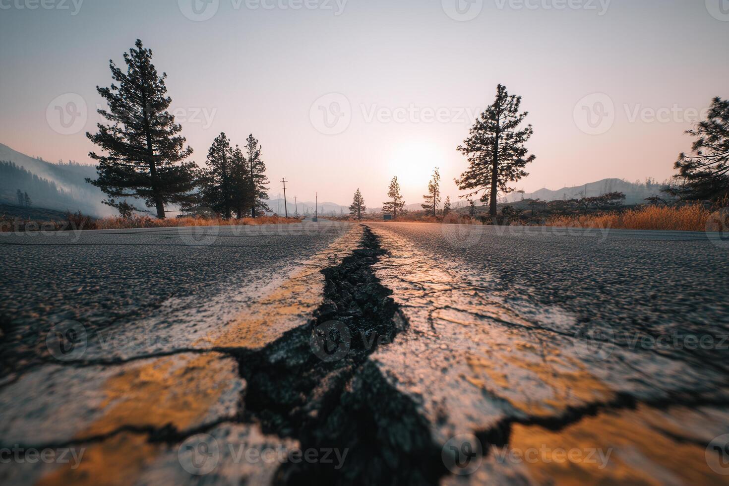 A deep crack cuts through a forest road at golden hour with pine trees and mountain silhouettes in the background. Perfect for themes of seismic damage, isolation, or nature reclaiming infrastructure. photo
