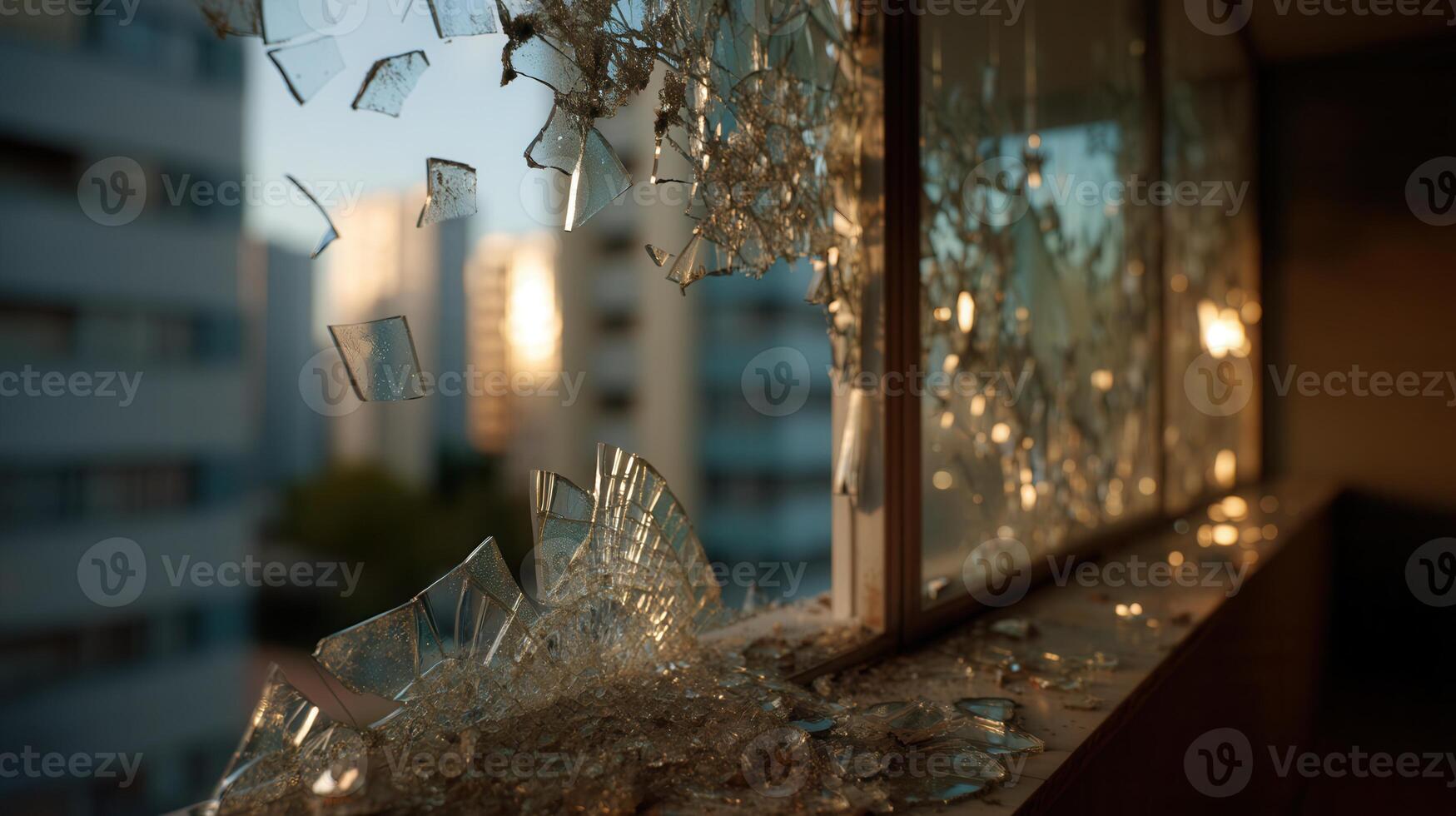 Shattered window glass flying through the air in warm urban sunset light. Perfect for dramatic scenes, disaster visuals, crisis storytelling, or symbolic themes of chaos and fragility. photo