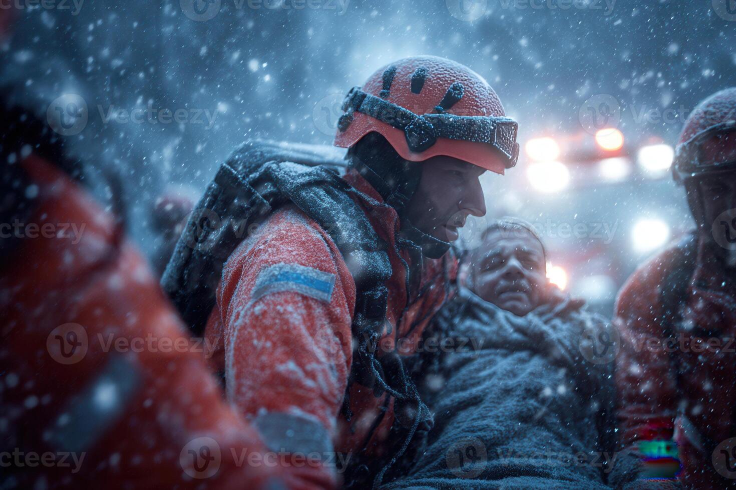 Rescue team evacuating an injured man in severe snowfall during an emergency. Ideal for visuals on disaster relief, emergency response, survival conditions, and extreme winter environments. photo