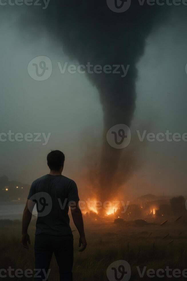 A man stands alone in the dark as a fiery tornado rages ahead in a stormy landscape. Powerful visual for use in climate topics, disaster scenarios, and emotional or cinematic storytelling. photo