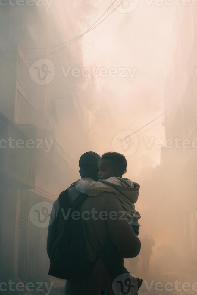 A father holding his child on his back, navigating a smoky urban street. This emotional image symbolizes human resilience, protection, and survival during a disaster or crisis. photo