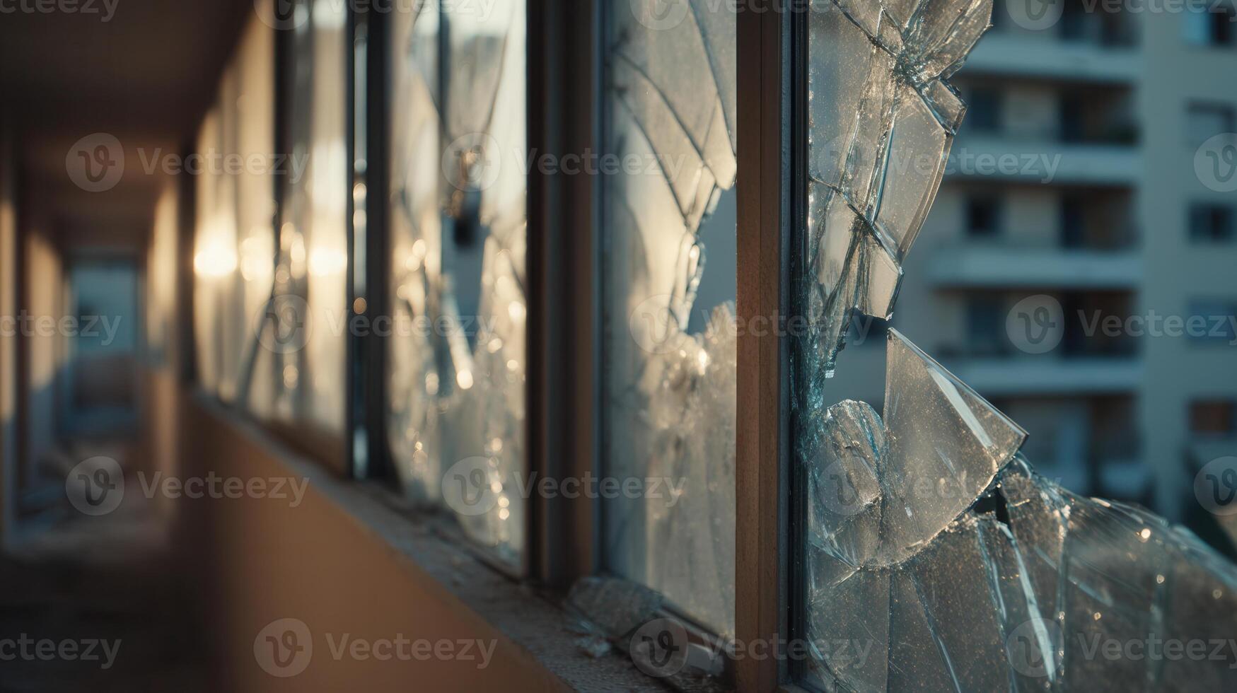 Urban hallway with broken glass windows illuminated by cool natural light. Perfect for dramatic scenes, crisis visuals, or symbolic concepts of damage and abandonment. photo